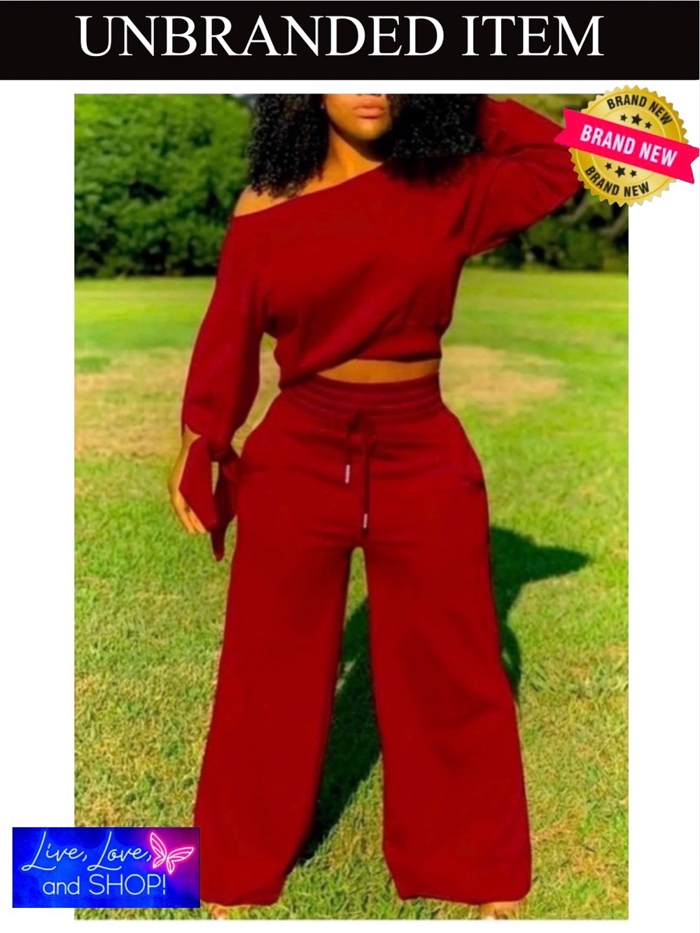 SWEATSUIT: Burgundy Slanted Shoulder Long Sleeve Top w/Drawstring Pants, NWOT